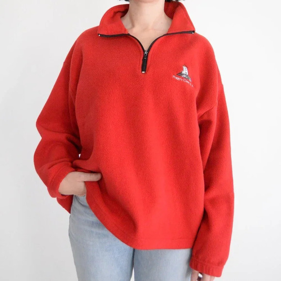 Vintage Red Fleece Peggy's Cove Lighthouse  Quarter Zip Pullover Sweater L - Picture 1 of 11
